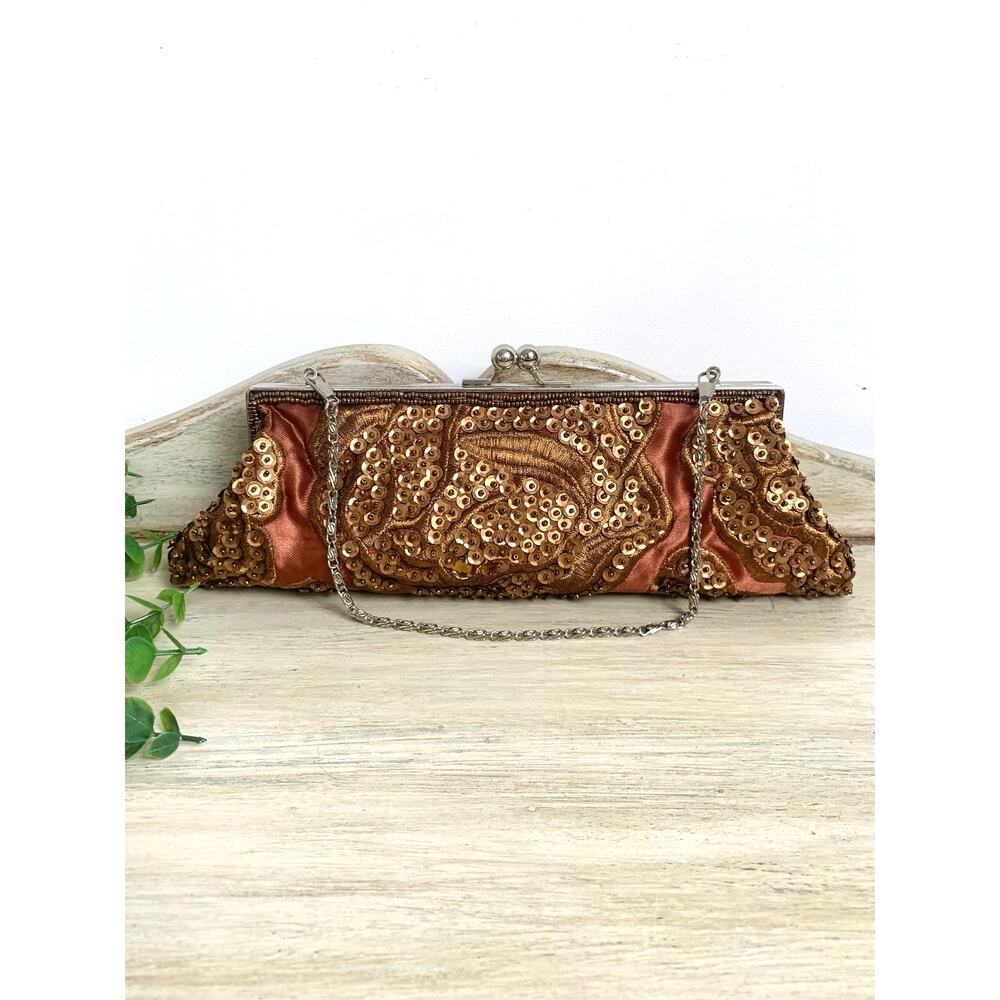 Vintage Brown Sequin Beaded Clutch Purse Evening Bag Cocktail Glam Wedding Guest